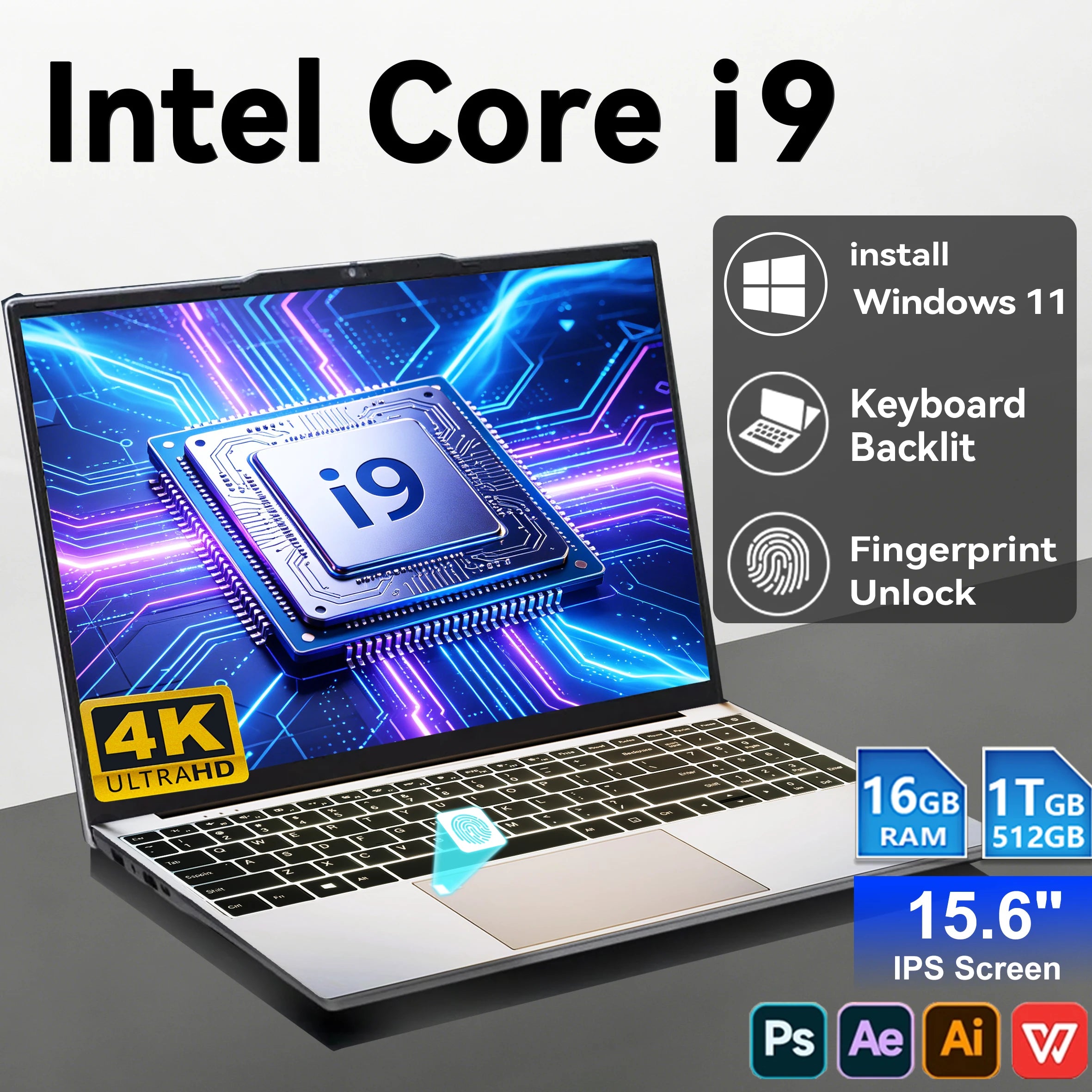 2026 15.6" Ultra Slim Portable Laptop intel Core i9-9900U Windows11 Pro 16GB RAM 1TB 2TB SSD Fingerprint Office Gaming Laptop PC