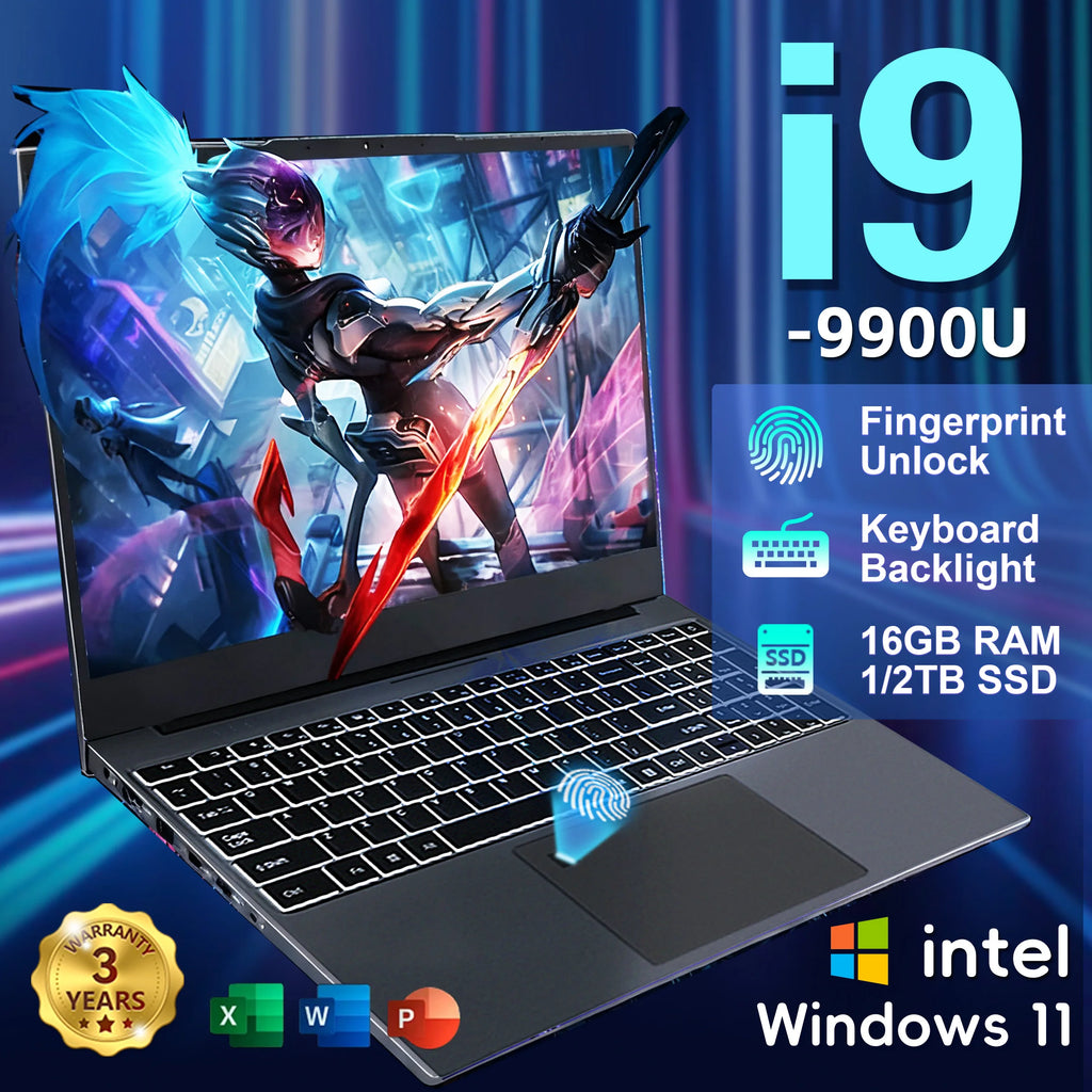 i9 Laptop Windows11 Pro 15.6" Ultra Portable Laptop intel Core i9-9900U 16GB RAM 1TB 2TB SSD Fingerprint Office Gaming Laptop PC