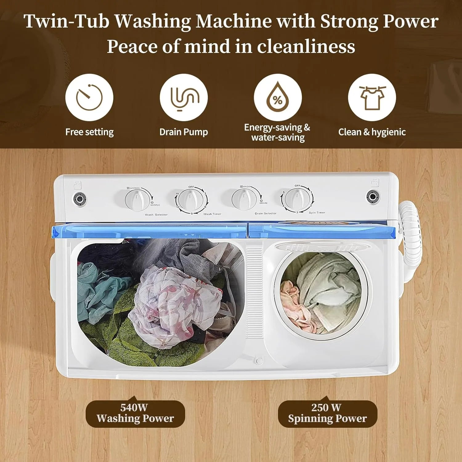 Portable Washing Machine, Twin Tub Washing Machine Laundry Compact Washer spinner Combo with 40lbs capacity, 24Lbs Washer and 16
