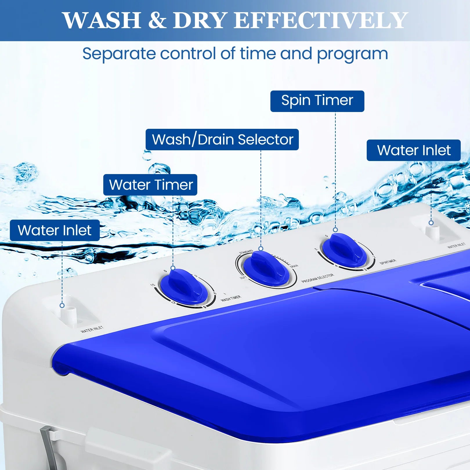 30Lbs Portable Washing Machine with Built-in Drain Pump, Washer and Spin Dryer Combo (19Lbs+11Lbs), for Apartments, Dorms, RVs