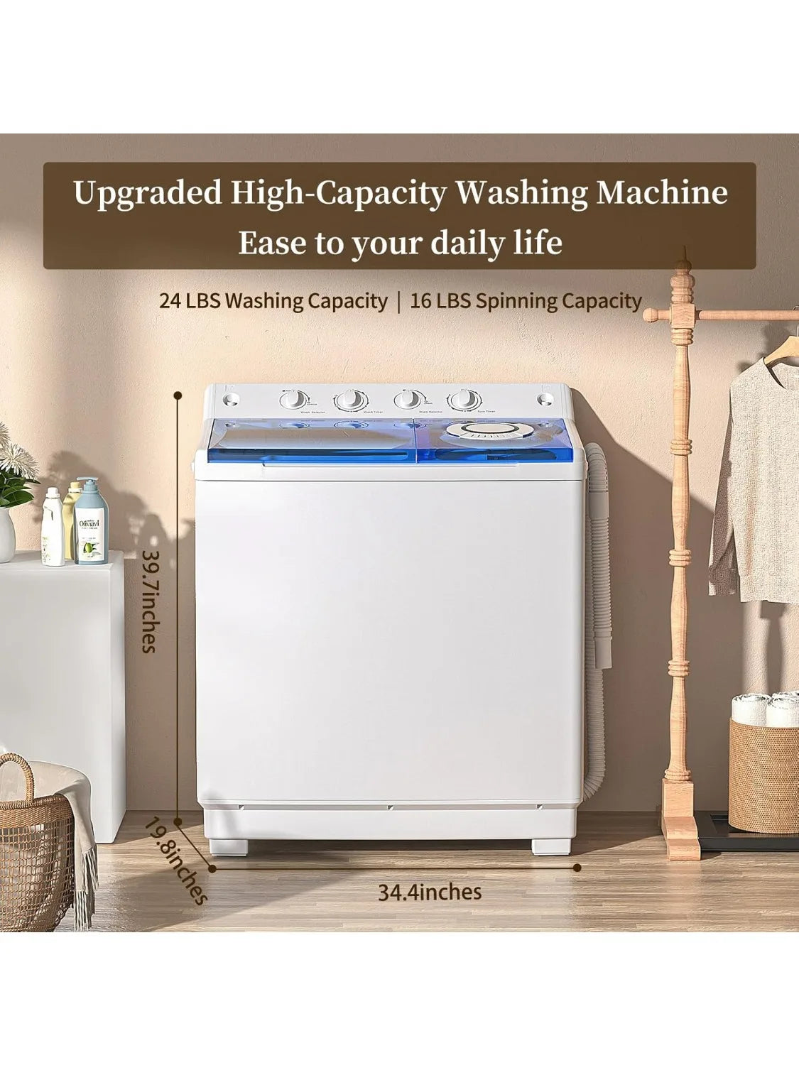 Portable Washing Machine, Twin Tub Washing Machine Laundry Compact Washer spinner Combo with 40lbs capacity, 24Lbs Washer and 16