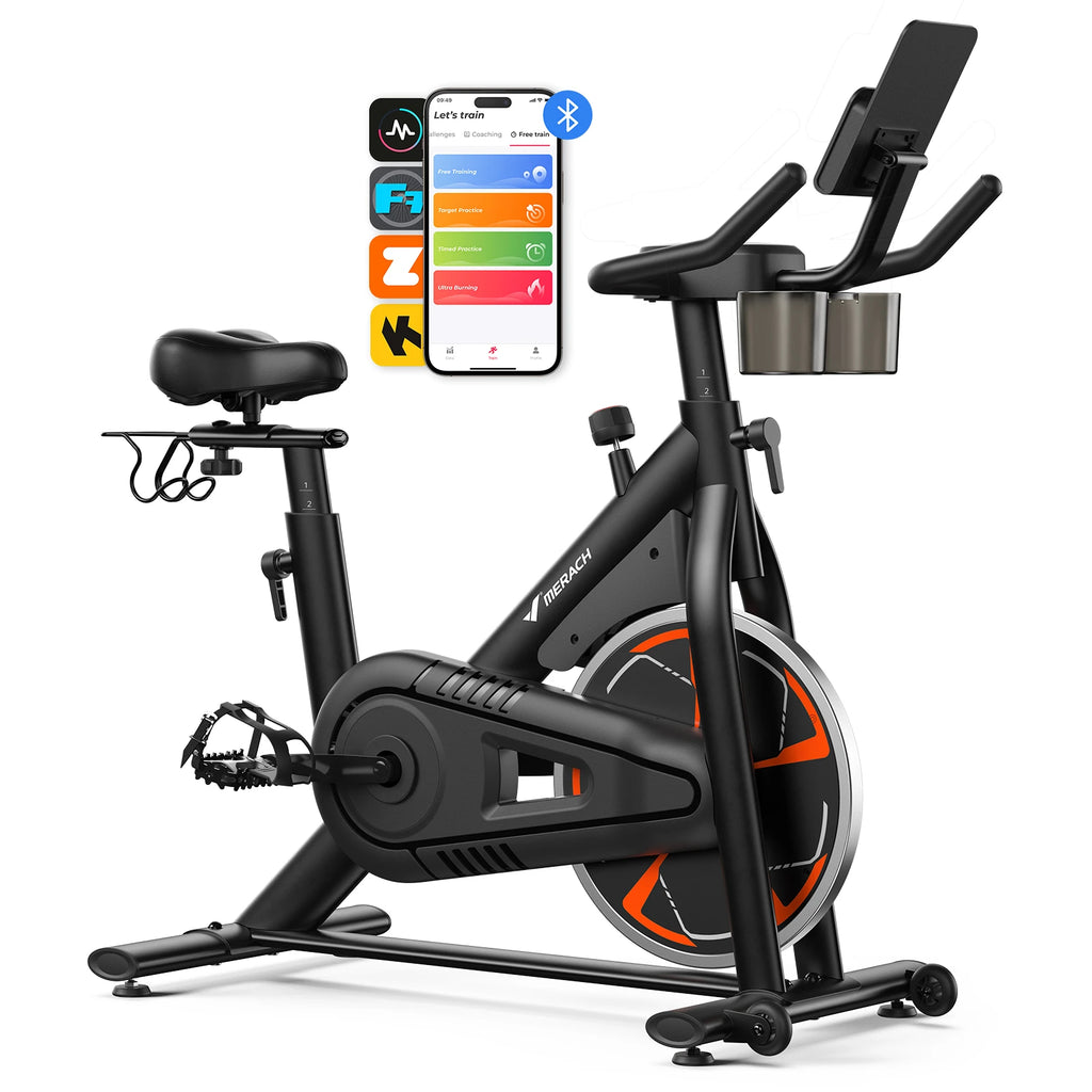 Merach Magnetic Exercise Bike No Plug Needed Low Noise Stationary with Comfortable Seat Cushion Spinning Bike 330 lb Weight Capacity Exclusive App Tablet Mount and Fitness Courses for Home Indoor for Weight Loss Gym Cardio