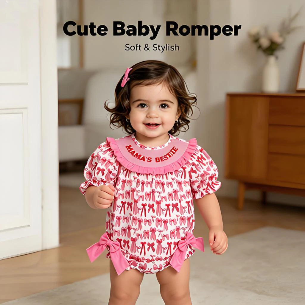 Mama's Bestie Smocked Bow Baby Girls Romper Short Sleeves Cute And Fashionable Infant Outfit for Little Girls