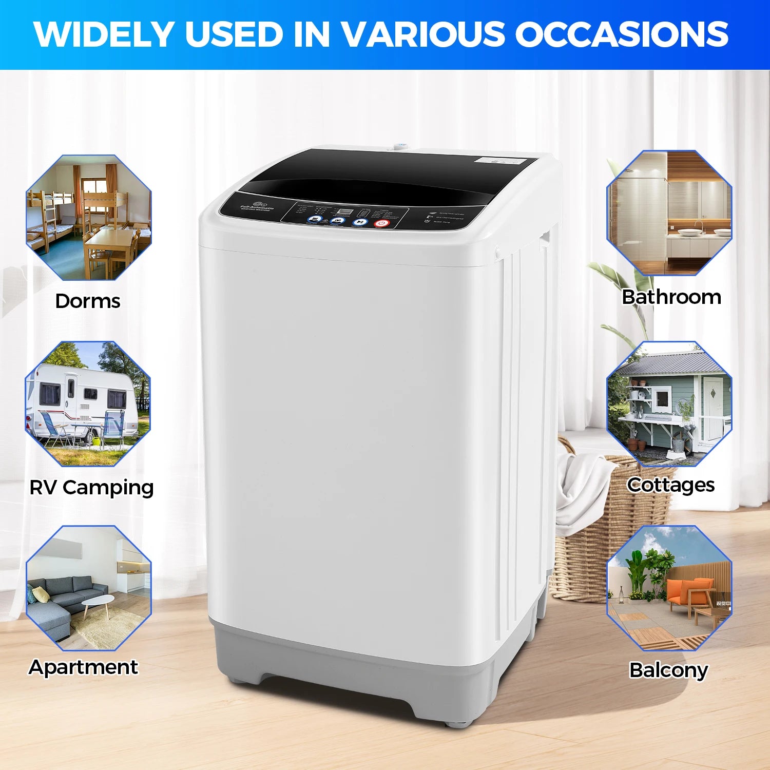 15.6Lbs Portable Fully Automatic Washing Machine, 10 Programs 8 Water Levels Selection, with Drain Pump and LED Display