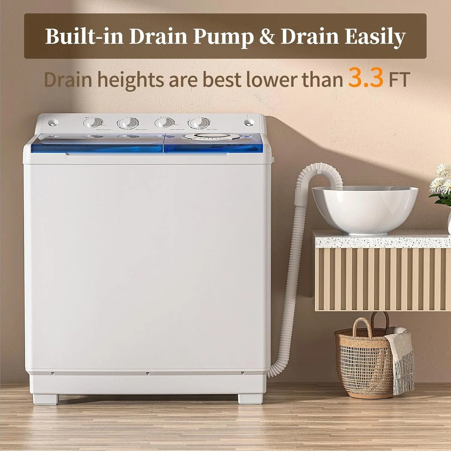 Portable Washing Machine, Twin Tub Washing Machine Laundry Compact Washer spinner Combo with 40lbs capacity, 24Lbs Washer and 16