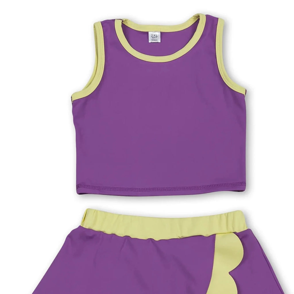 Sleeveless purple yellow scallop girls team active wear set