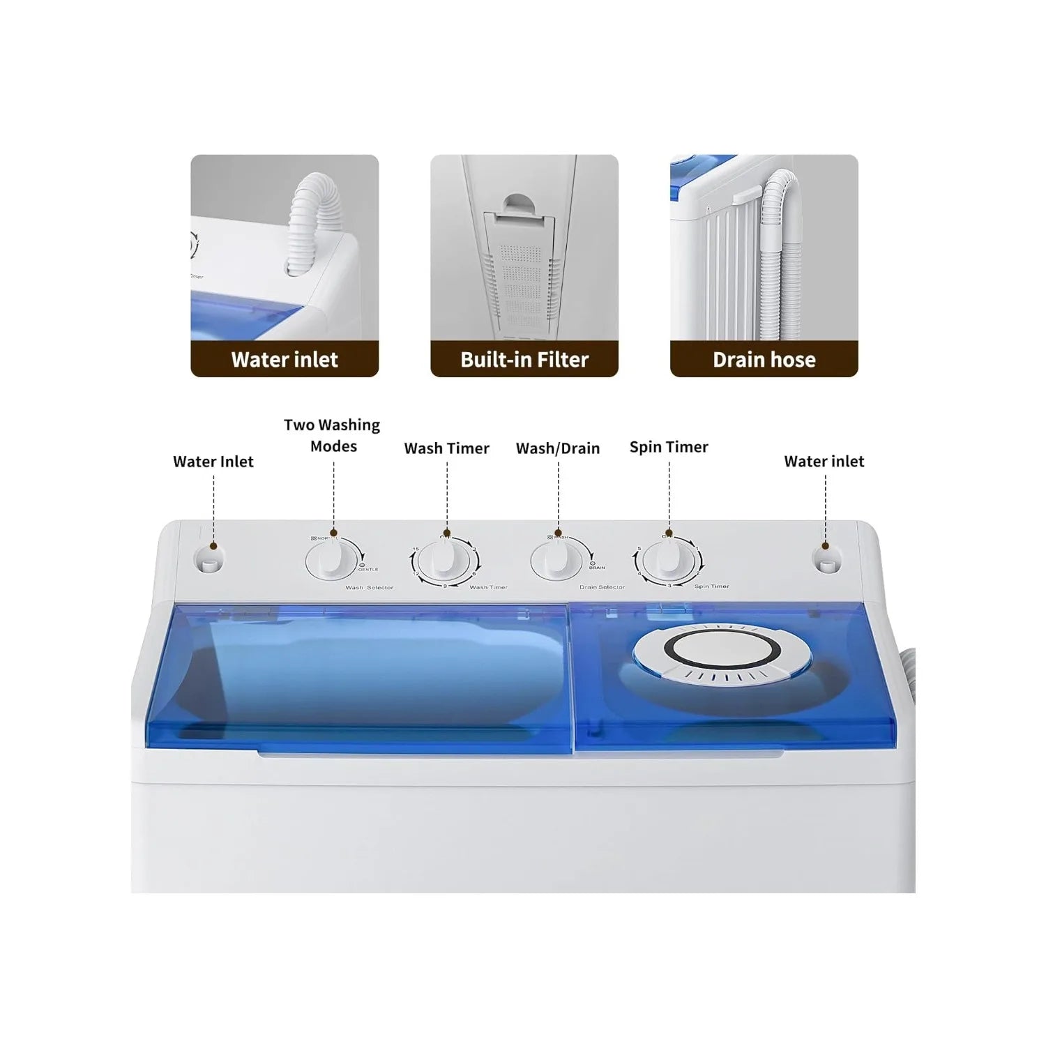 Portable Washing Machine, Twin Tub Washing Machine Laundry Compact Washer spinner Combo with 40lbs capacity, 24Lbs Washer and 16