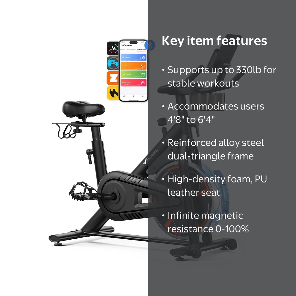 Merach Magnetic Exercise Bike No Plug Needed Low Noise Stationary with Comfortable Seat Cushion Spinning Bike 330 lb Weight Capacity Exclusive App Tablet Mount and Fitness Courses for Home Indoor for Weight Loss Gym Cardio