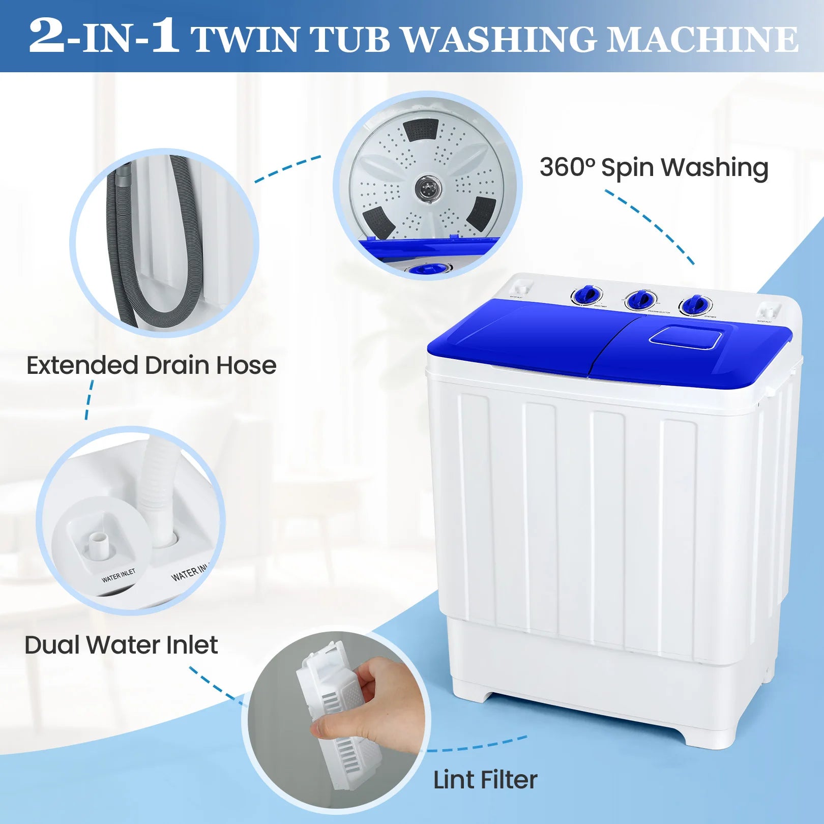 30Lbs Portable Washing Machine with Built-in Drain Pump, Washer and Spin Dryer Combo (19Lbs+11Lbs), for Apartments, Dorms, RVs