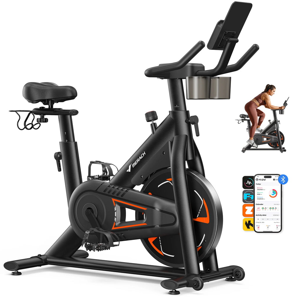 Merach Magnetic Exercise Bike No Plug Needed Low Noise Stationary with Comfortable Seat Cushion Spinning Bike 330 lb Weight Capacity Exclusive App Tablet Mount and Fitness Courses for Home Indoor for Weight Loss Gym Cardio