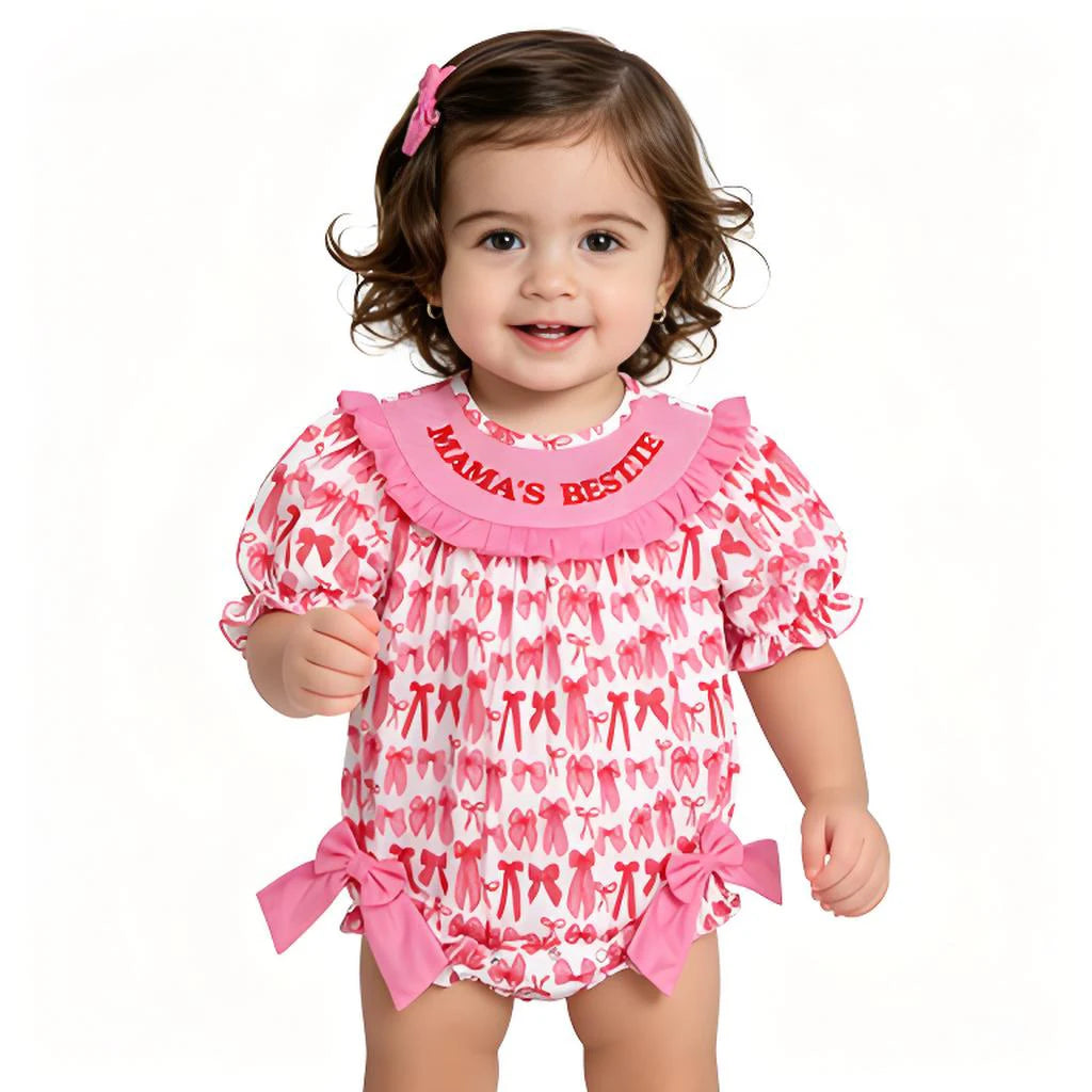 Mama's Bestie Smocked Bow Baby Girls Romper Short Sleeves Cute And Fashionable Infant Outfit for Little Girls