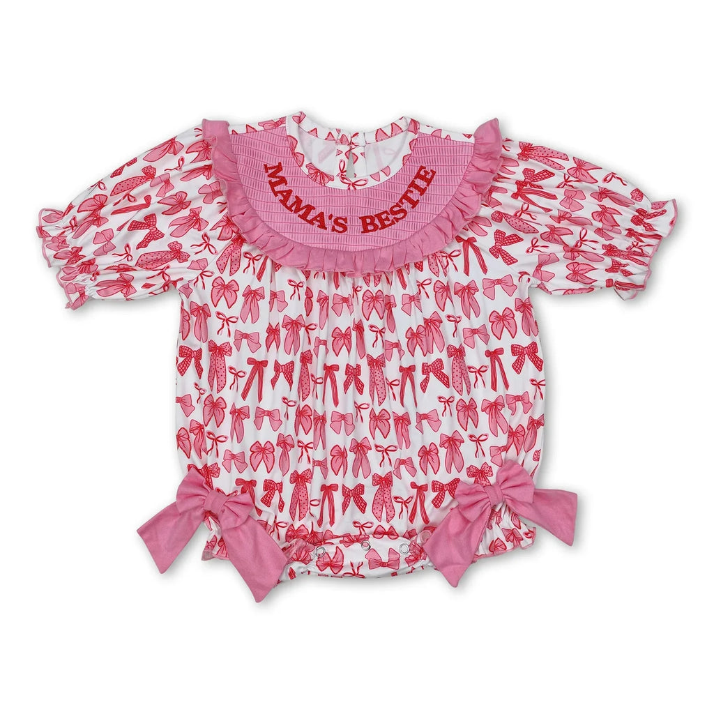 Mama's Bestie Smocked Bow Baby Girls Romper Short Sleeves Cute And Fashionable Infant Outfit for Little Girls