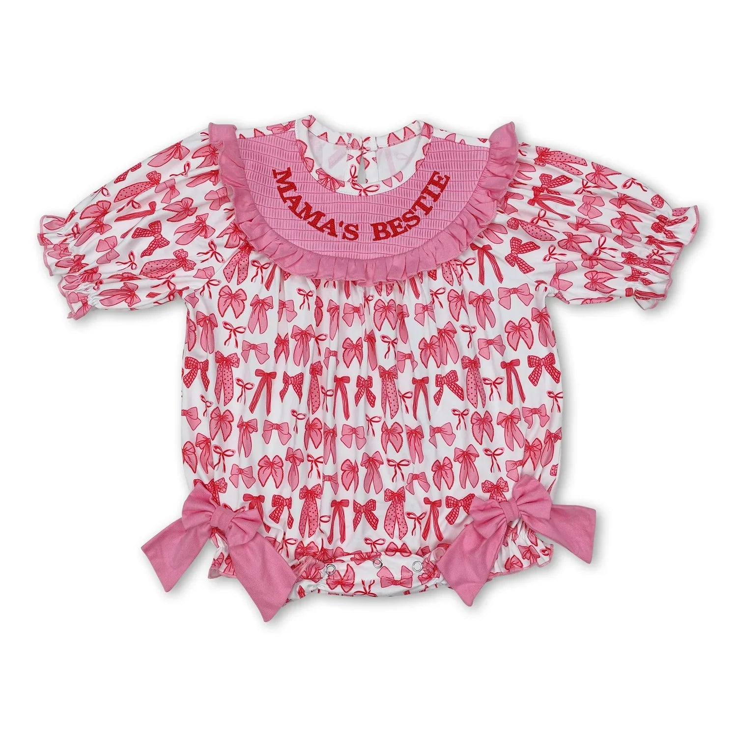 Mama's Bestie Smocked Bow Baby Girls Romper Short Sleeves Cute And Fashionable Infant Outfit for Little Girls