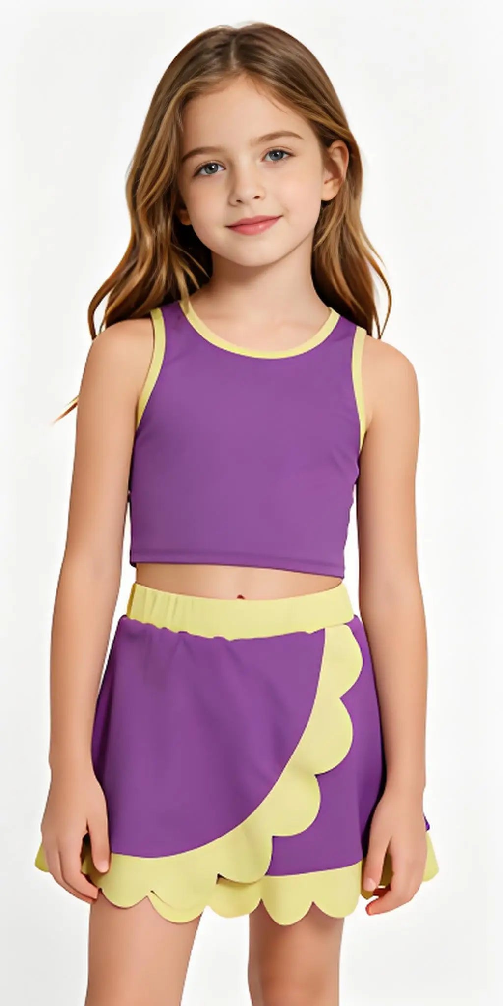 Sleeveless purple yellow scallop girls team active wear set