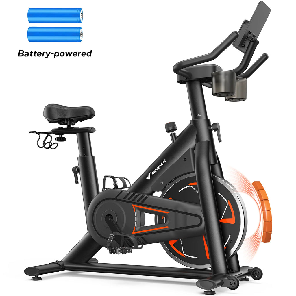 Merach Magnetic Exercise Bike No Plug Needed Low Noise Stationary with Comfortable Seat Cushion Spinning Bike 330 lb Weight Capacity Exclusive App Tablet Mount and Fitness Courses for Home Indoor for Weight Loss Gym Cardio