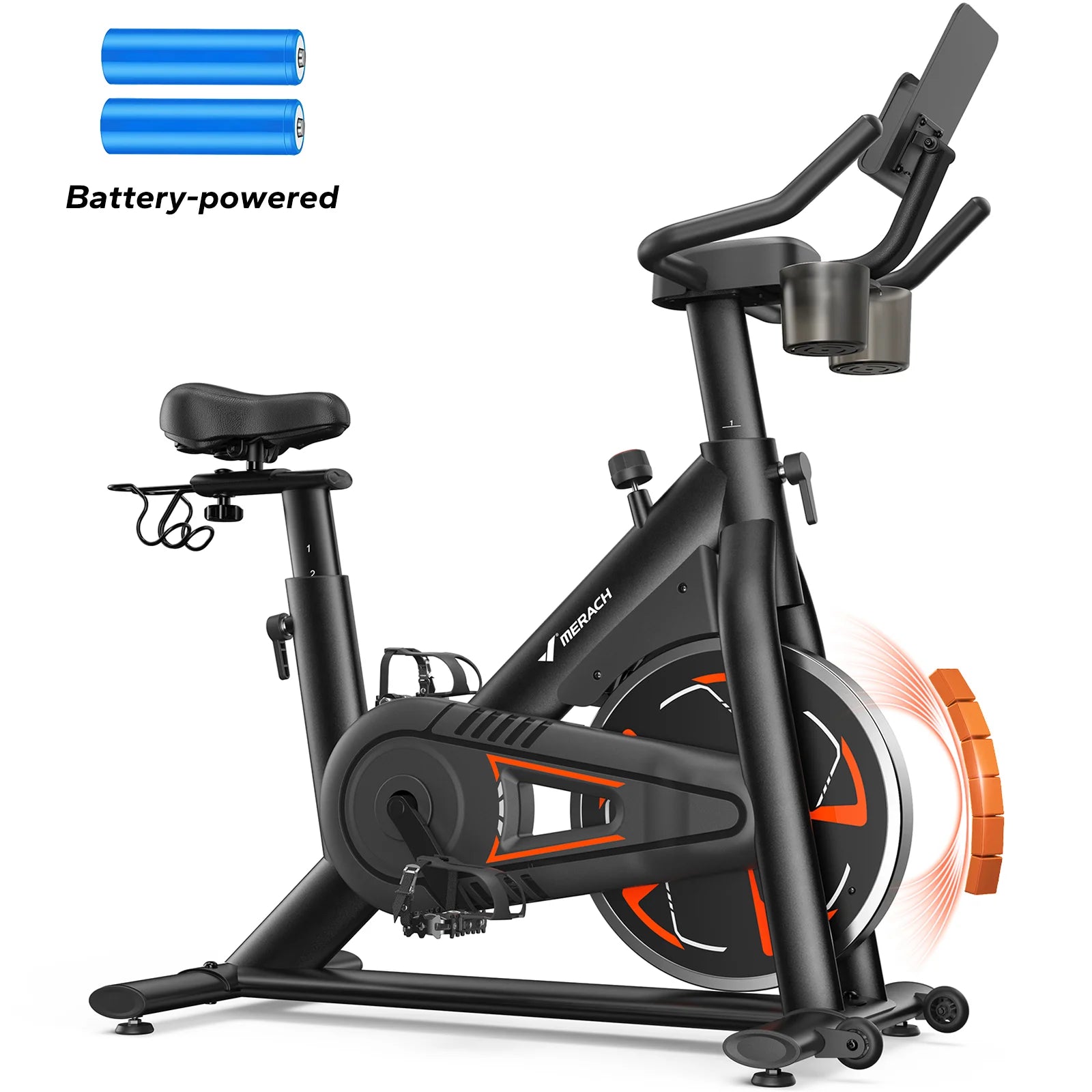 Merach Magnetic Exercise Bike No Plug Needed Low Noise Stationary with Comfortable Seat Cushion Spinning Bike 330 lb Weight Capacity Exclusive App Tablet Mount and Fitness Courses for Home Indoor for Weight Loss Gym Cardio