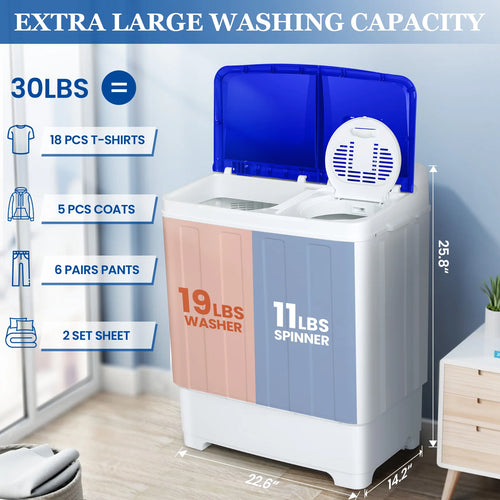 30Lbs Portable Washing Machine with Built-in Drain Pump, Washer and Spin Dryer Combo (19Lbs+11Lbs), for Apartments, Dorms, RVs