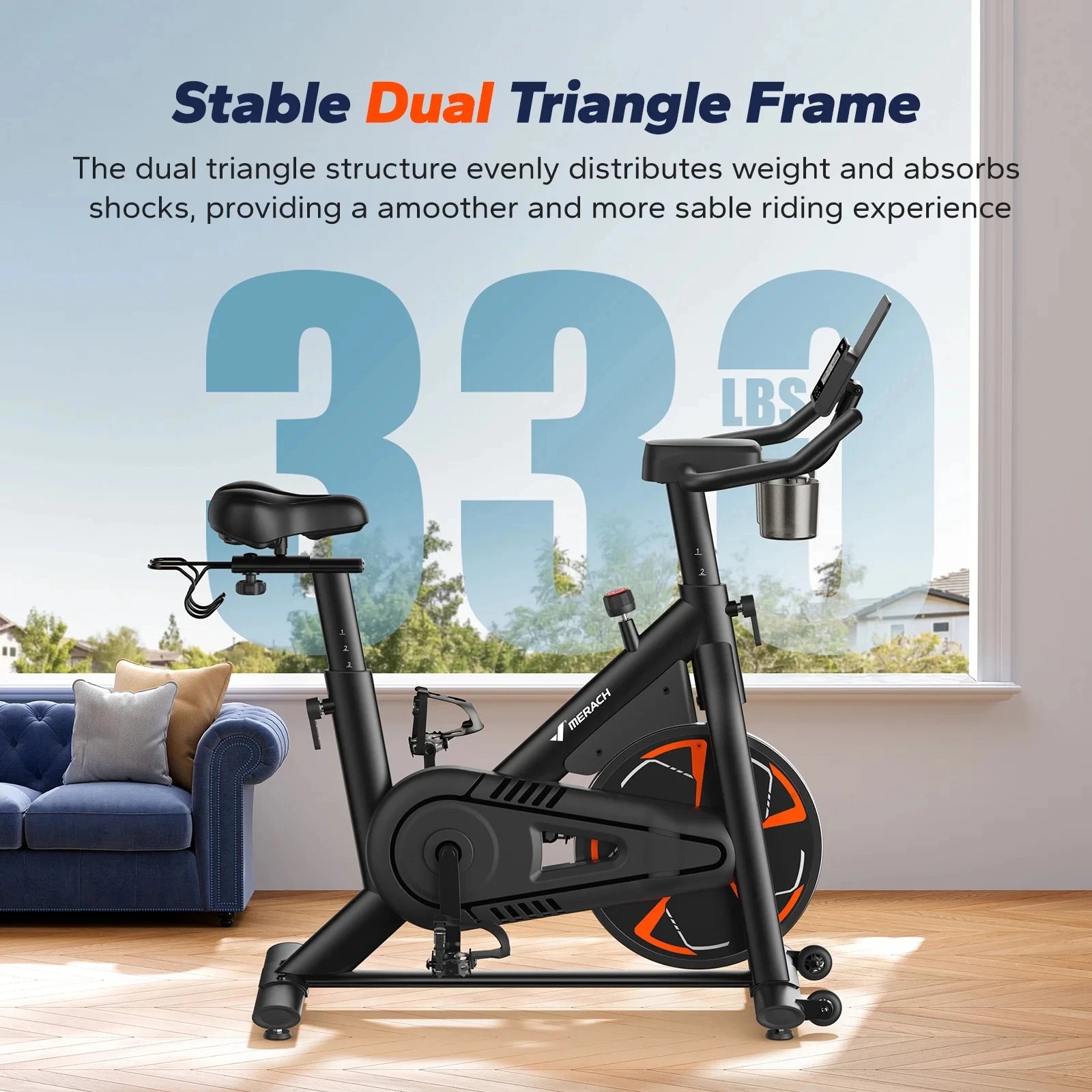 Merach Magnetic Exercise Bike No Plug Needed Low Noise Stationary with Comfortable Seat Cushion Spinning Bike 330 lb Weight Capacity Exclusive App Tablet Mount and Fitness Courses for Home Indoor for Weight Loss Gym Cardio