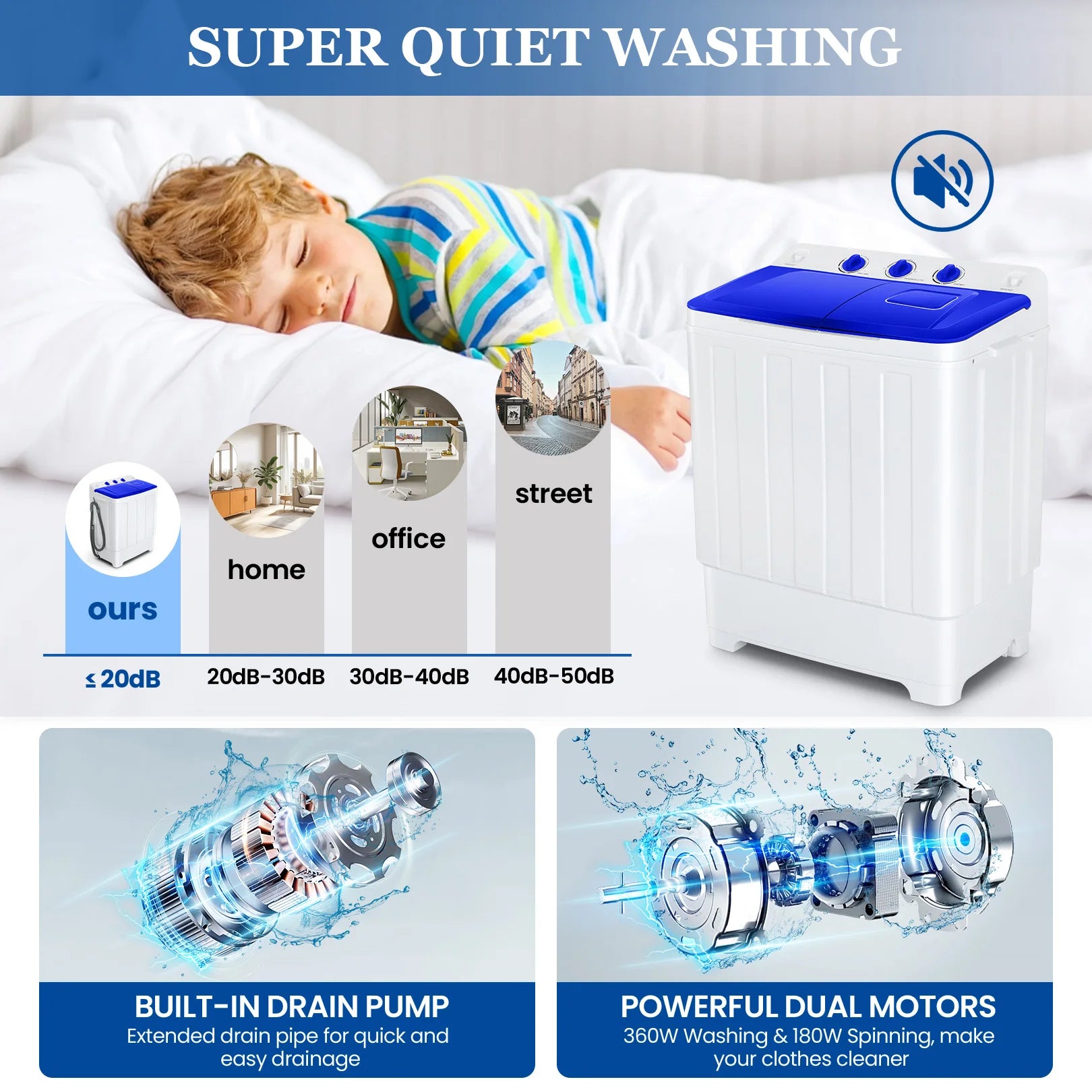 30Lbs Portable Washing Machine with Built-in Drain Pump, Washer and Spin Dryer Combo (19Lbs+11Lbs), for Apartments, Dorms, RVs