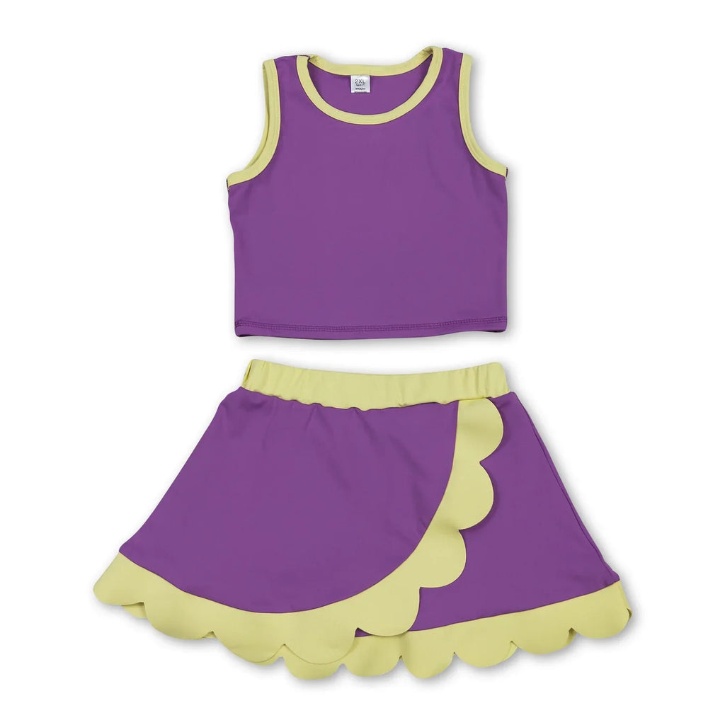 Sleeveless purple yellow scallop girls team active wear set