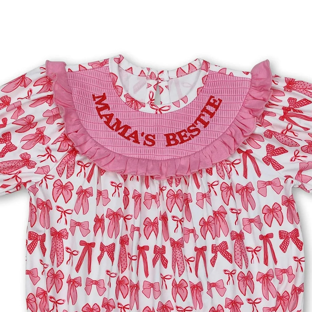 Mama's Bestie Smocked Bow Baby Girls Romper Short Sleeves Cute And Fashionable Infant Outfit for Little Girls