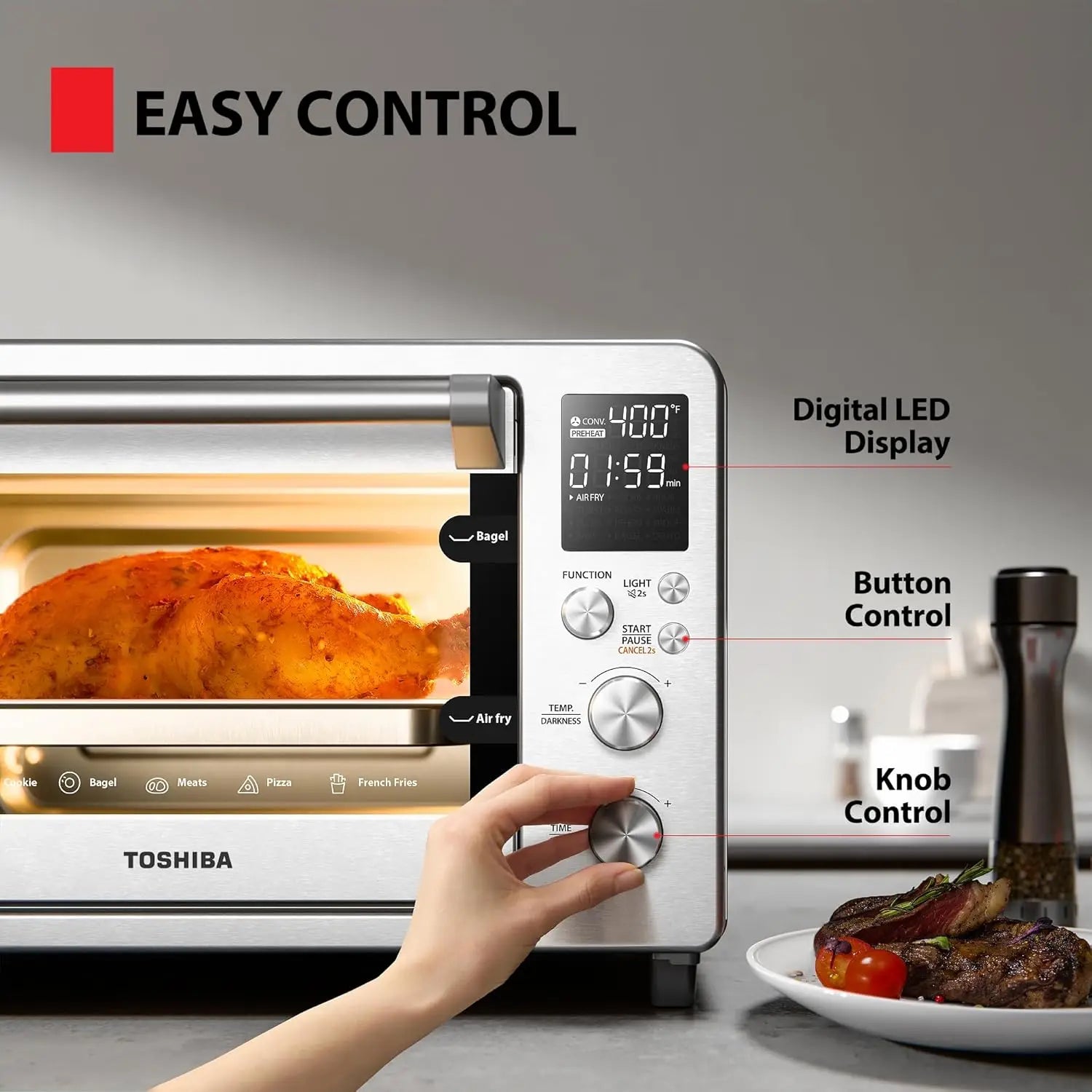 26.4 QT Air Fryer Toaster Oven Combo, 12-in-1 Countertop Oven, Large Capacity, Stainless Steel