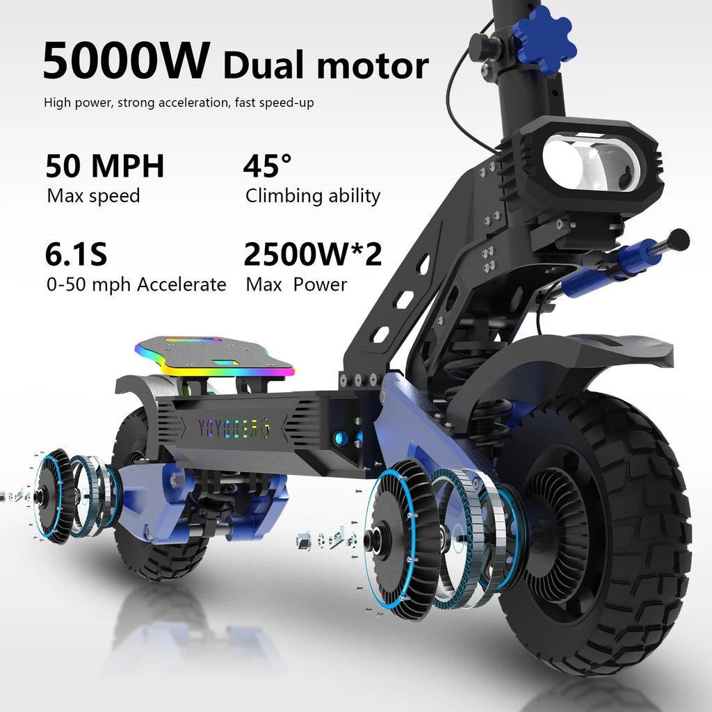 REDDYDY Offroad Electric Scooter with Smart APP 50MPH Max Speed 55Miles Long Range 5000W Peak Dual Motors 60V25Ah Battery Smart Riding 3 Modes NFC Unlocking Dual Hydraulic Disc Brakes Full Suspension 10.5" Tires for Commuting