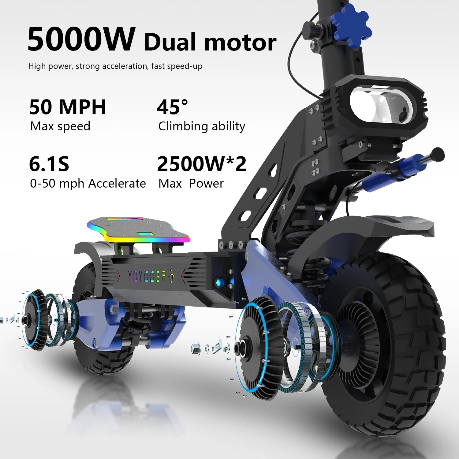 REDDYDY Offroad Electric Scooter with Smart APP 50MPH Max Speed 55Miles Long Range 5000W Peak Dual Motors 60V25Ah Battery Smart Riding 3 Modes NFC Unlocking Dual Hydraulic Disc Brakes Full Suspension 10.5" Tires for Commuting