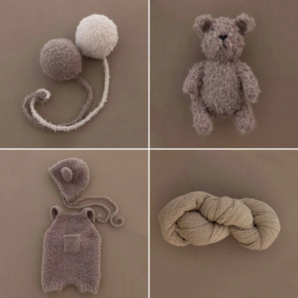 Newborn Photography Bear Costume Knitted Balloon Decorative Props Baby Plush Hat Jumpsuit Set Photo Studio Shooting Accessories