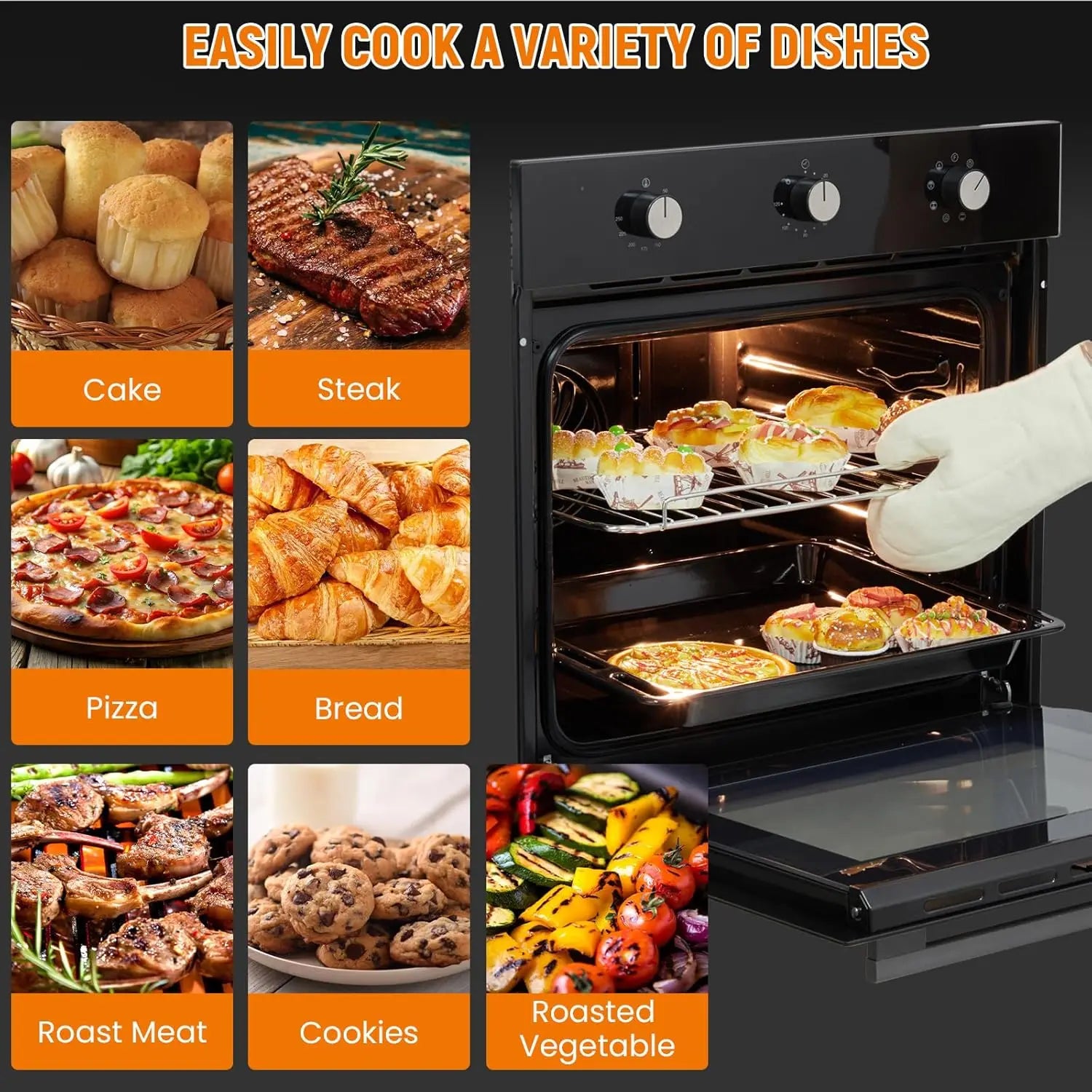 24" Built-in Electric Wall Oven 2.5 Cu.ft 8 Cooking Modes Stainless Steel With Mechanical Knob Control & 3-Layer Tempered Glass