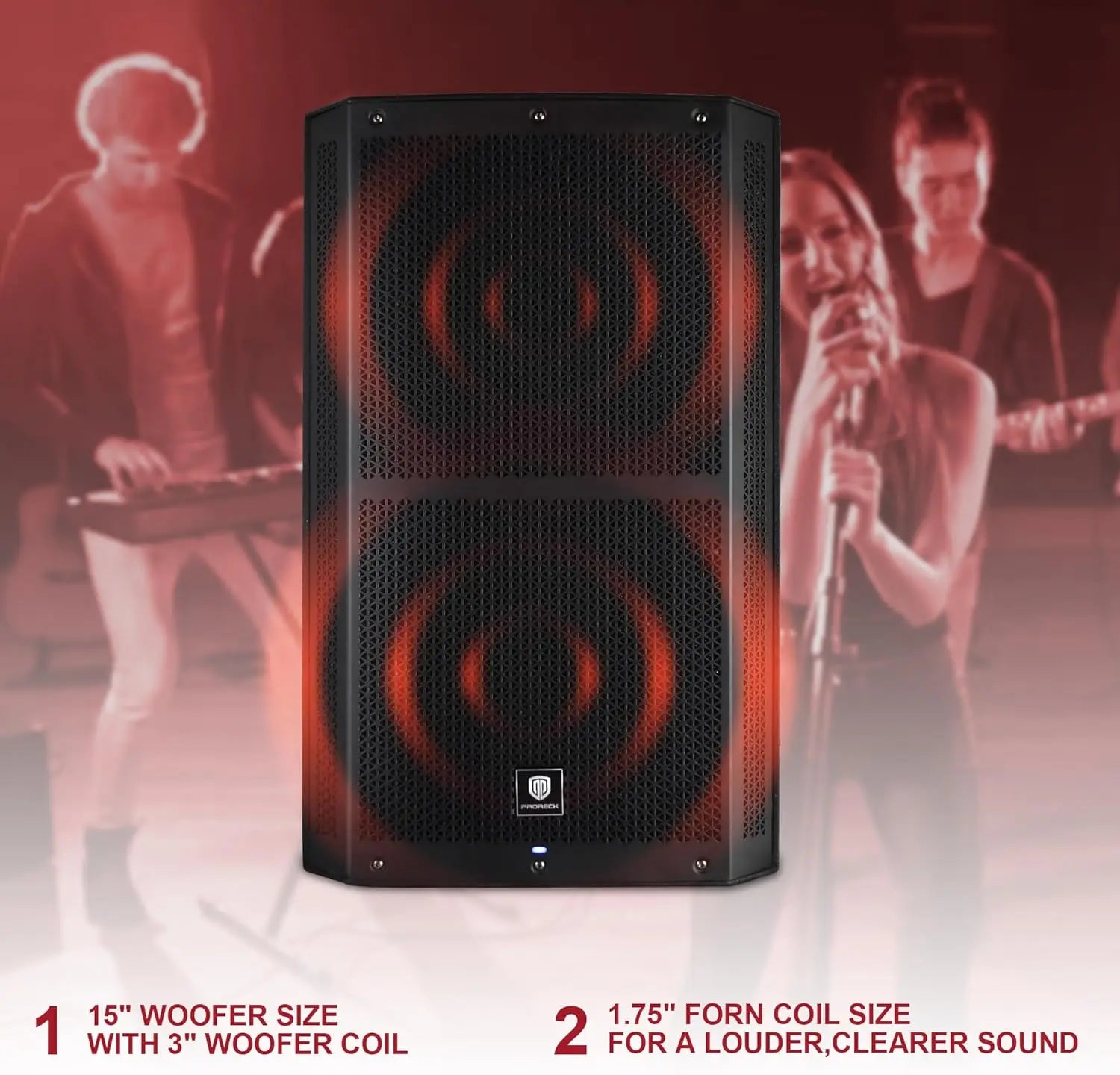 PRORECK SP-15 15-inch 1400W P.M.P.O Stereo Powered Stage Monitor, 3 Channel Inputs PA Speaker with Bluetooth/DSP Processor