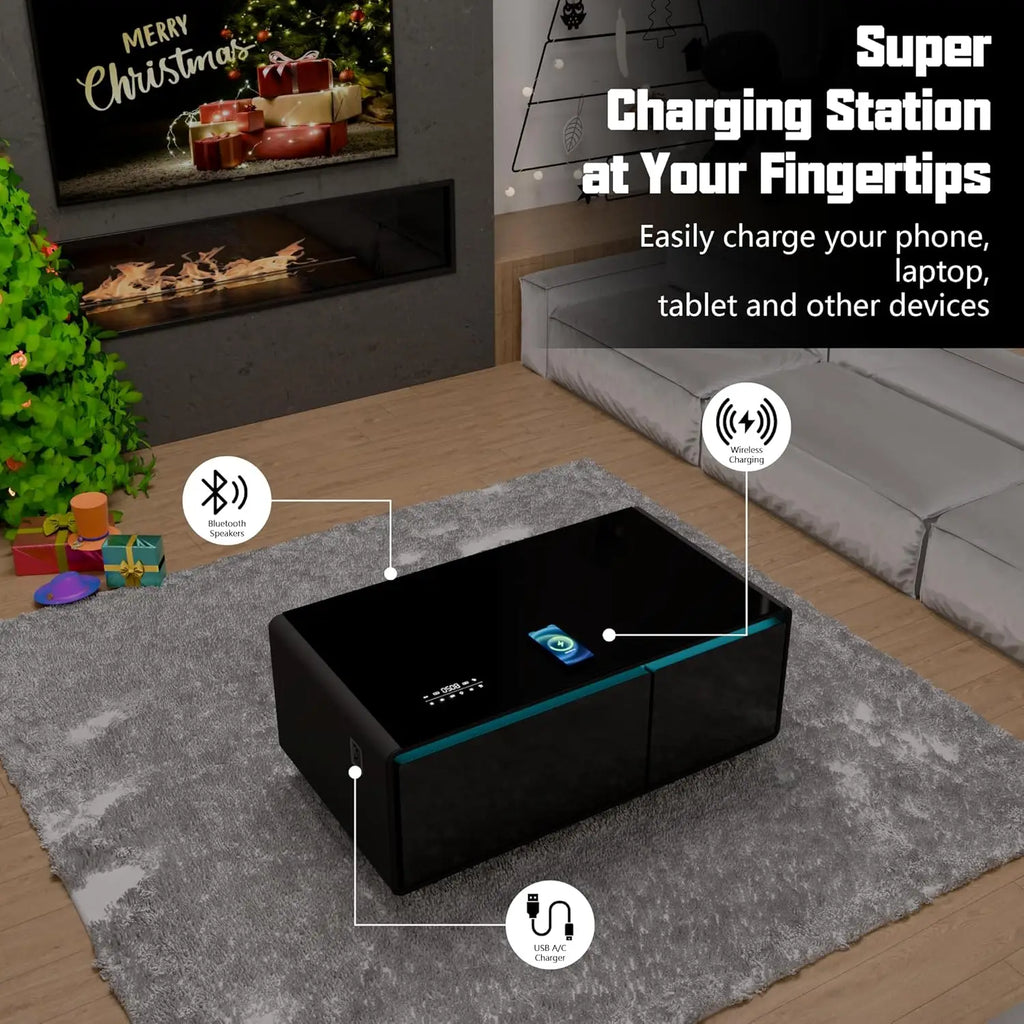Smart Coffee Table with Built-in Fridge 15W Wireless Charging USB Ports Speakers 23"x41.5"x18.2" for Living Room, Custom