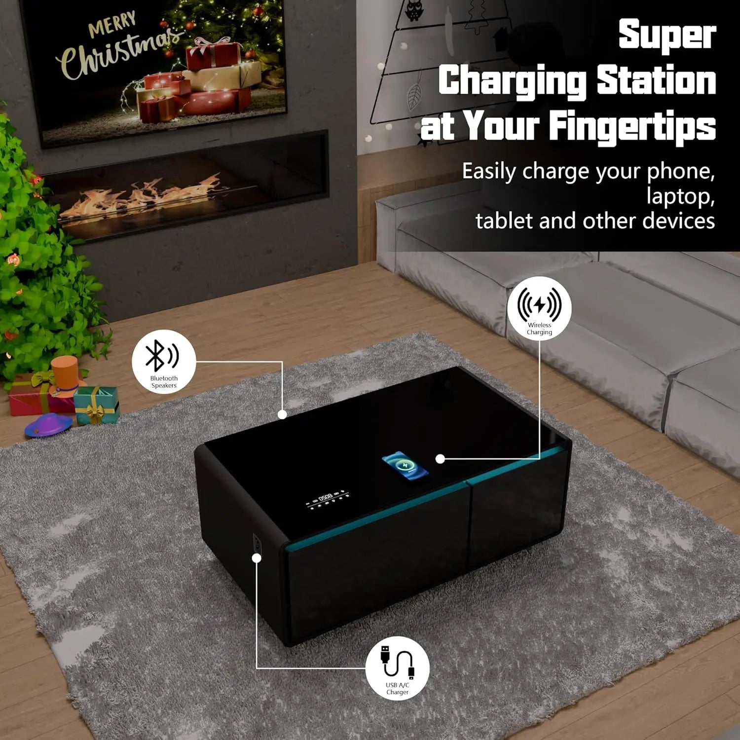 Smart Coffee Table with Built-in Fridge 15W Wireless Charging USB Ports Speakers 23"x41.5"x18.2" for Living Room, Custom