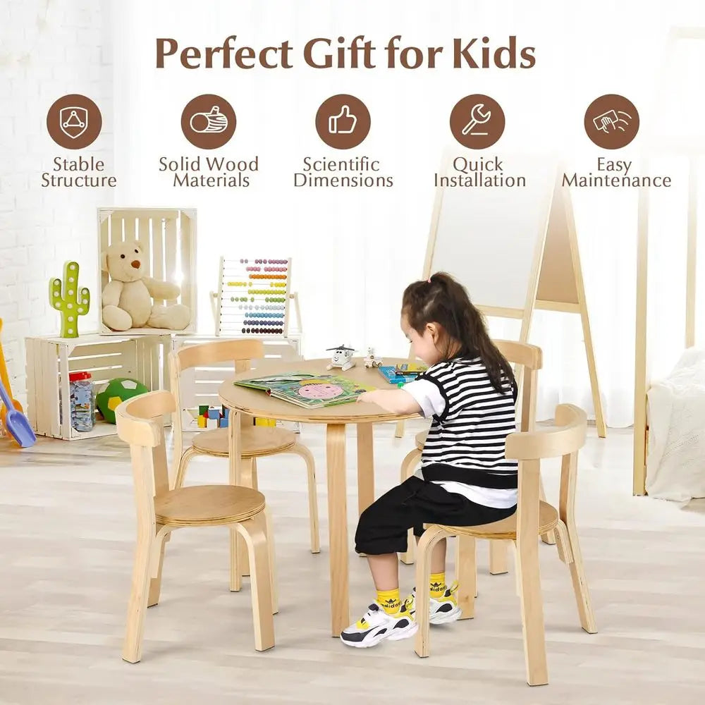 Kids Table and Chair Set, 5-Piece Wooden Activity Desk Set w/Toy Bricks, Classroom Playroom Daycare Furniture for Playing, Drawi