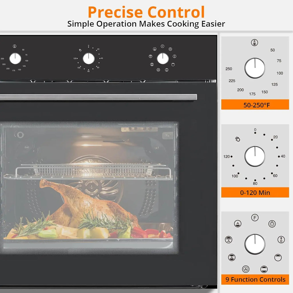 24" Built-in Electric Wall Oven 2.5 Cu.ft 8 Cooking Modes Stainless Steel With Mechanical Knob Control & 3-Layer Tempered Glass