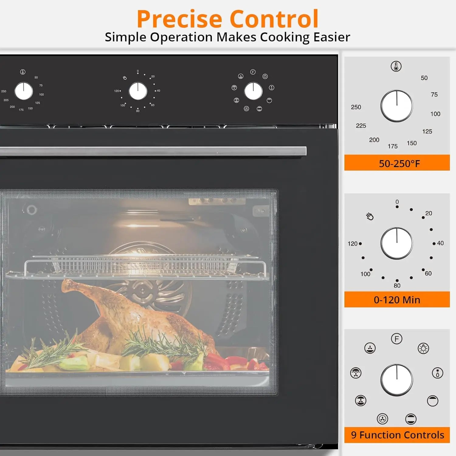 24" Built-in Electric Wall Oven 2.5 Cu.ft 8 Cooking Modes Stainless Steel With Mechanical Knob Control & 3-Layer Tempered Glass