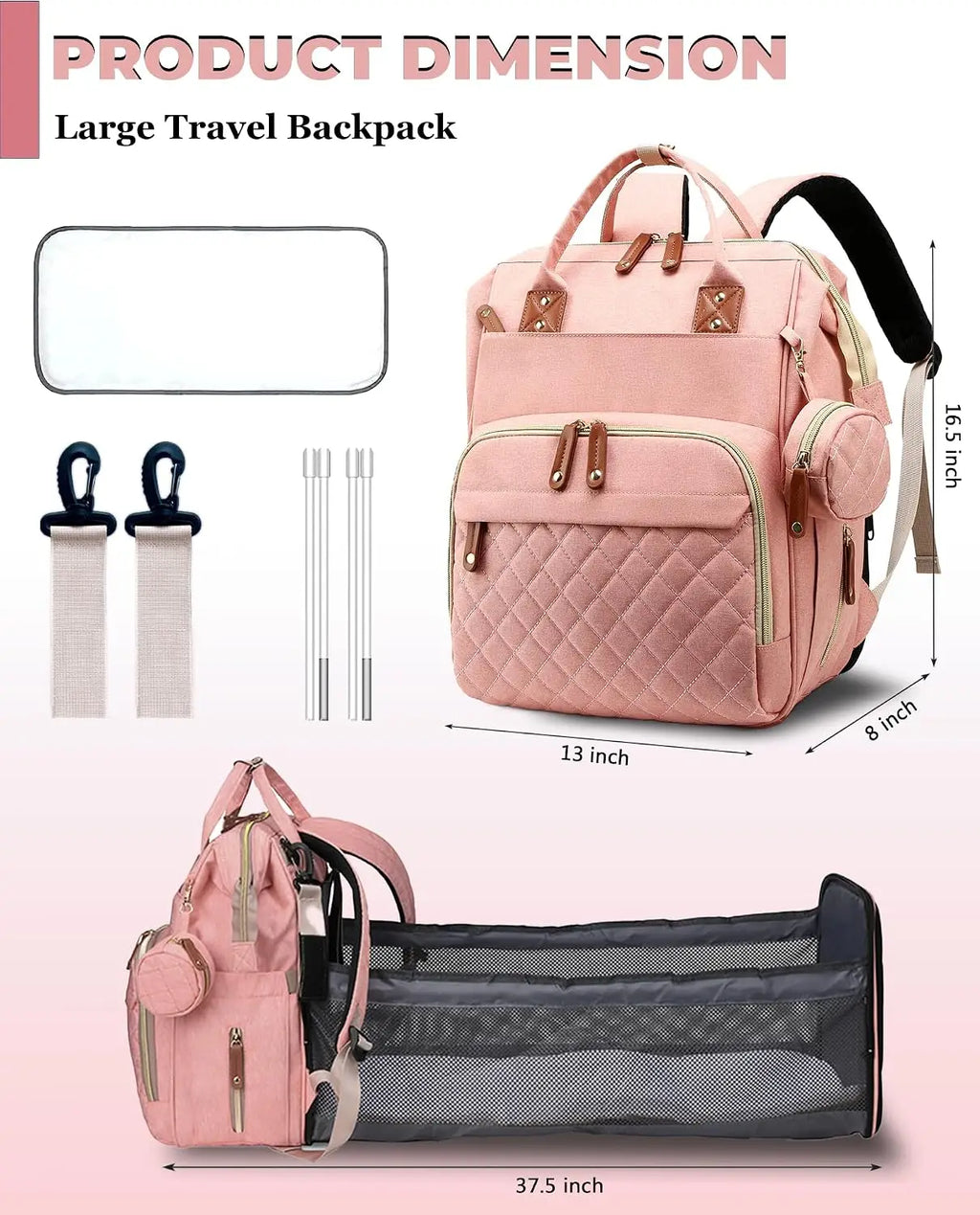 3 In 1 Waterproof Diaper Backpack With Foldable Changing Pad Large Capacity Mommy Nappy Bag Stroller Hanging Organizer Portable Outdoor Camping Hiking Road Trip Travel Baby Essentials Storage Backpack Peach Pink