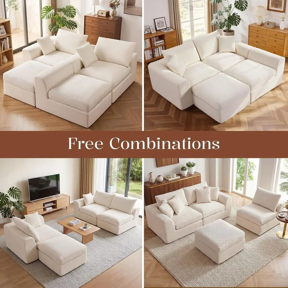 110" Cloud Sectional Couches or Living Room, L-Shaped Convertible Soa, 3-Seat ular BonelCouch with Movable Ottoman, Beige