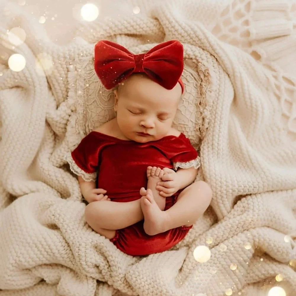 Christmas Velvet Newborn Romper Set Sage Green Baby Photo Outfit Infant Photography Prop Holiday Photoshoot Gift
