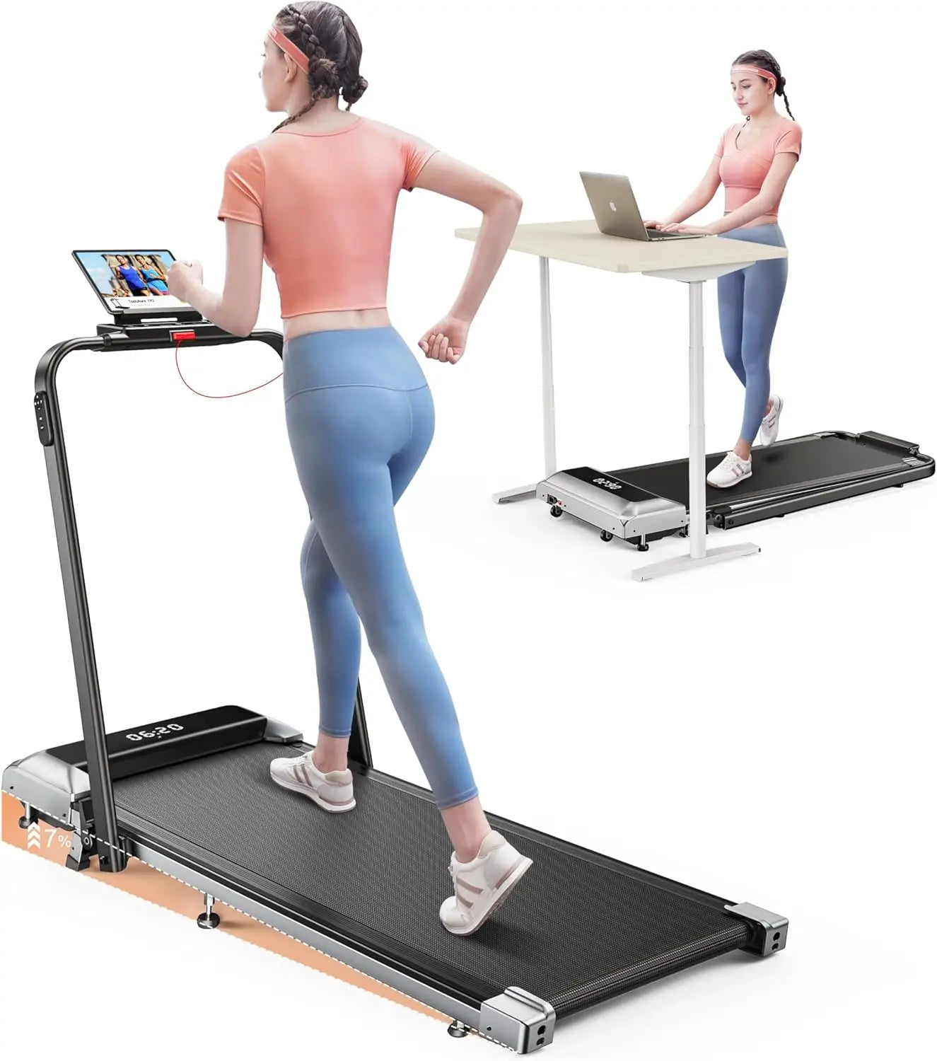 Walking Pad Under Desk Treadmill with Incline, 2 in 1 Folding Treadmill for Home/Office, Portable Compact Treadmills with Remote