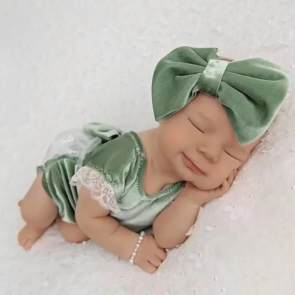 Christmas Velvet Newborn Romper Set Sage Green Baby Photo Outfit Infant Photography Prop Holiday Photoshoot Gift