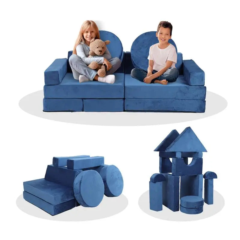 14 pcs Kids Modular Play Couch, Convertible Foam Sectional Sofa for Toddlers, DIY Creative Playroom Furniture in Blue Color -