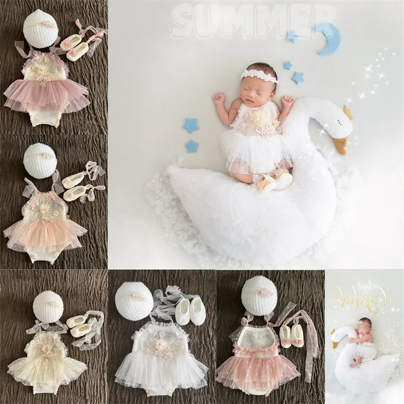 Newborn Photography Prop Swan Lace Outfit Set for Baby Photo Shoot 100 Days Studio Session