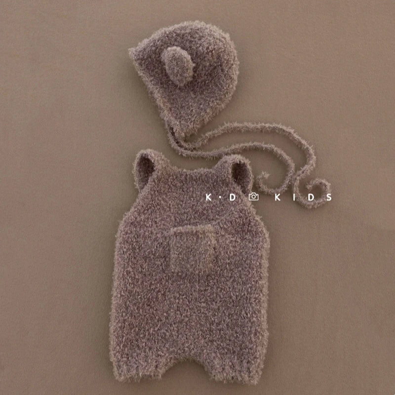 Newborn Photography Bear Costume Knitted Balloon Decorative Props Baby Plush Hat Jumpsuit Set Photo Studio Shooting Accessories