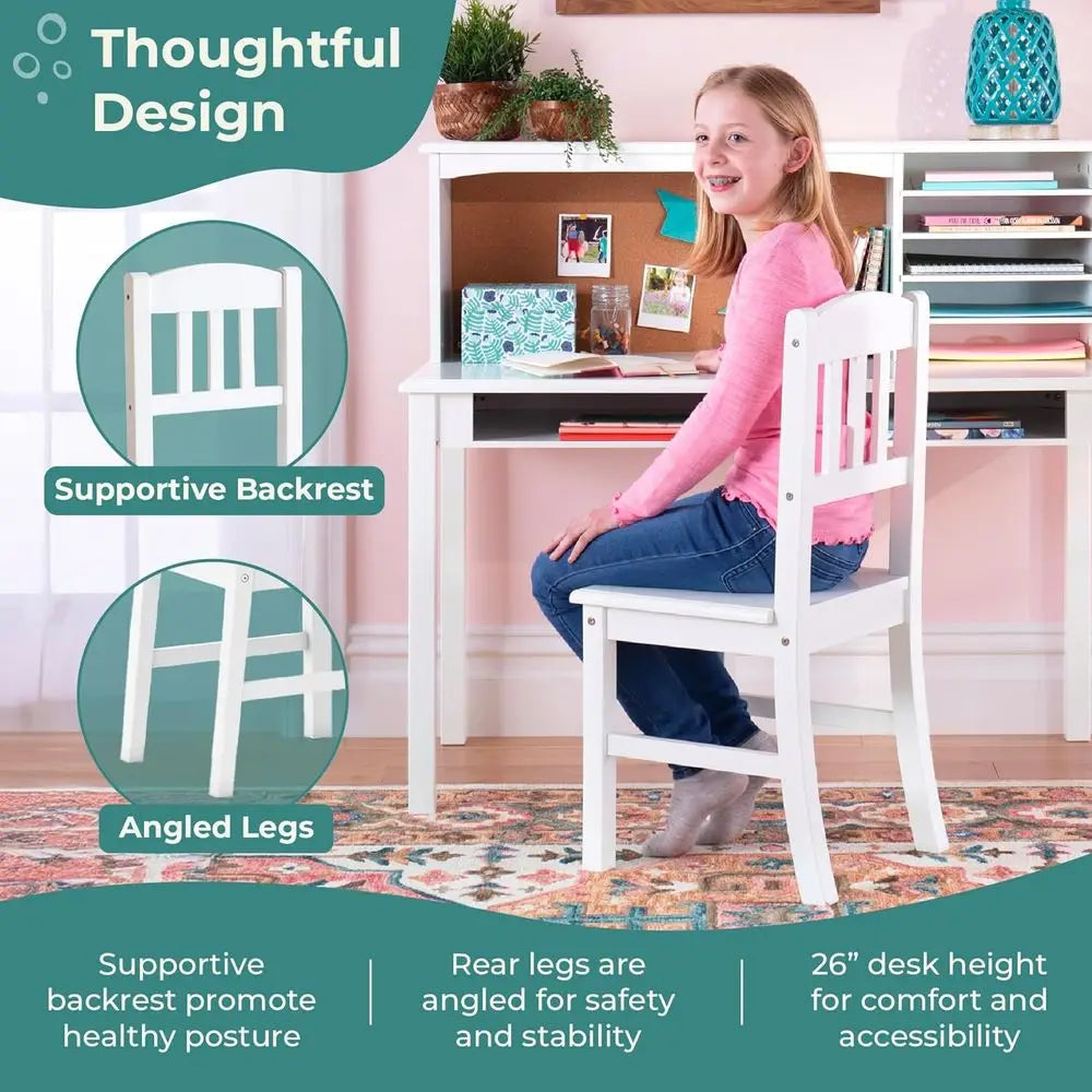 Kids Media Desk and Chair Set - White: Kids Writing Desk with Hutch and Storage Shelves, Computer Workstation with Corkboard, Wo