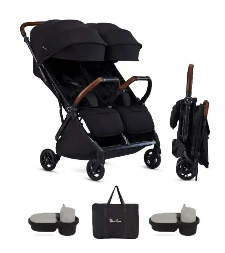 Black Silver Cross Jet Double Stroller Bundle with Travel Bag and Snack Tray for Twins - Lightweight Compact Foldable Design