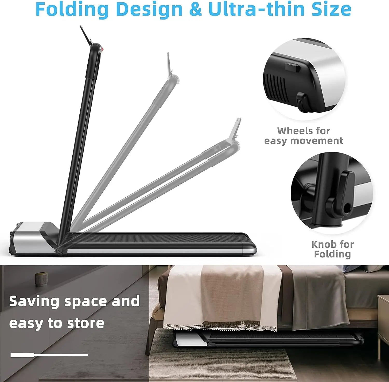 Folding Treadmill, Ultra-Thin Installation-Free Foldable Electric Treadmill, Low Noise, Walking Jogging Machine, Portable Superf