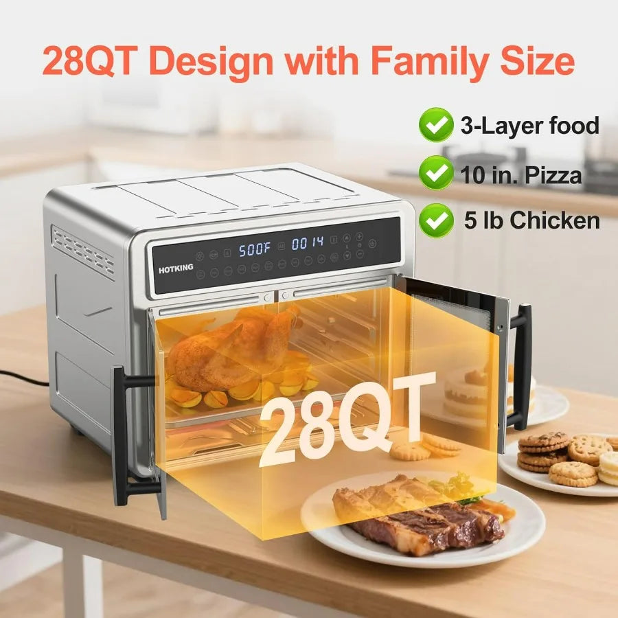 Dual-Zone Air Fryer Toaster Oven Combo 28 QT Extra Large Non Toxic Stainless Steel Convection Oven with French Door Countertop