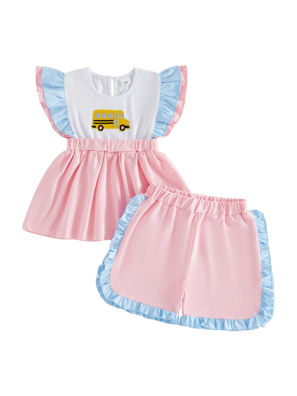 Girls Back To School Outfits School Bus Applique Flutter Sleeve Babydoll Top and Ruffled Shorts 2 Piece Summer Set - Adorable