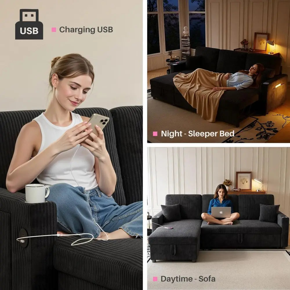 Sectional Sofa, 83 Convertible Sofa Bed with Pull Out Couches, Small Desktop, L Shaped Couch with Reversible Chaise, Cup Holder